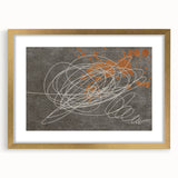 Abstract wall art featuring dynamic strokes and lines in gold and neutral tones, framed with a mat for an elegant presentation, perfect for modern decor.