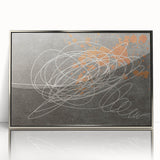Framed wall art featuring an abstract design of colorful strokes and lines in shades of blue, orange, and silver, perfect for modern decor to enhance any room.