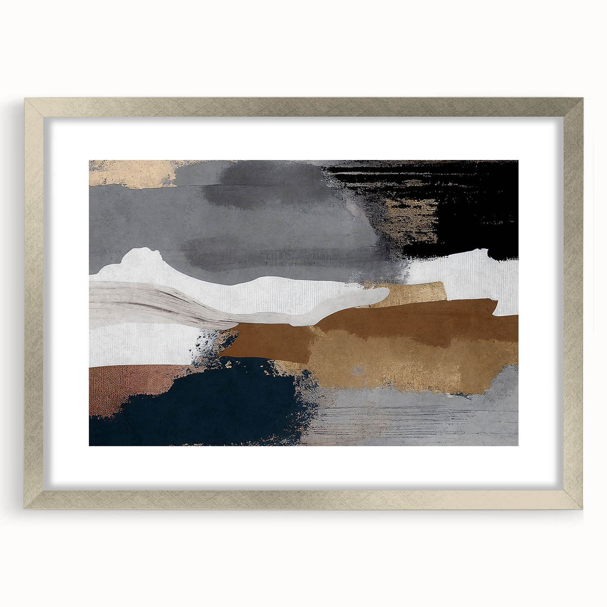 Abstract wall art featuring a modern design of colorful strokes and lines, framed in silver with a mat, ideal for contemporary home decor.