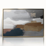 Framed wall art showcasing an abstract design of gold strokes and lines, set against a white background, perfect for modern home decor.