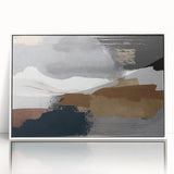 Framed acrylic wall art featuring an abstract design with colorful strokes and lines, set against a white background, perfect for modern home decor.