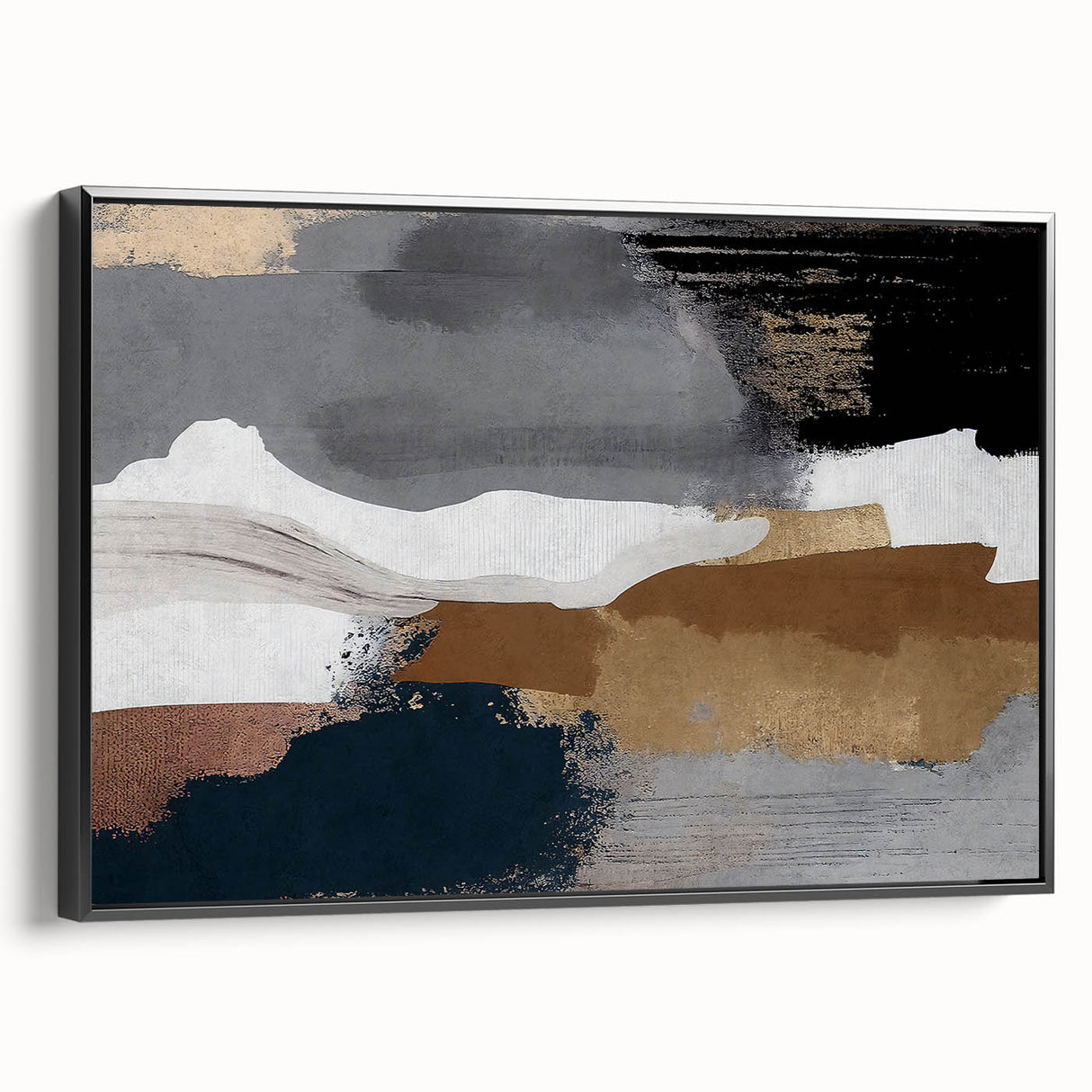 Framed canvas wall art featuring an abstract design of colorful strokes and lines, presented in a sleek black frame, ideal for modern home decor.