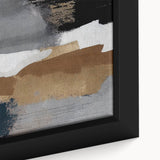 Close-up of a framed canvas artwork showcasing an abstract design with vibrant strokes and lines, ideal for modern home decor. The piece features a blend of blue, orange, and yellow hues, adding a dynamic touch to any interior space.