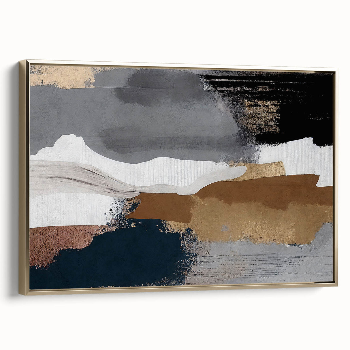 Framed canvas wall art showcasing an abstract design of gold strokes and lines, adding a modern touch to home decor. Perfect for contemporary interiors.