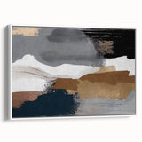 Framed wall art showcasing an abstract design of colorful strokes and lines on a white canvas, displayed in a modern setting with a side view perspective.