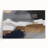 Abstract wall art featuring a vibrant design of colorful strokes and lines, printed on stretched canvas, leaning against a neutral backdrop, perfect for modern decor.