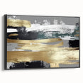 Framed canvas artwork showcasing an abstract design with bold strokes and lines in black and white, ideal for modern home decor. This side view highlights the sleek frame, enhancing any interior space with a contemporary touch.