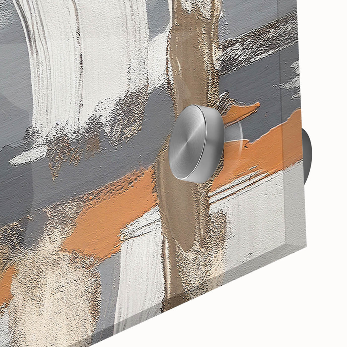 Close-up of an abstract wall art piece showcasing vibrant strokes and lines in shades of blue, pink, and gold, printed on acrylic glass for a modern aesthetic.