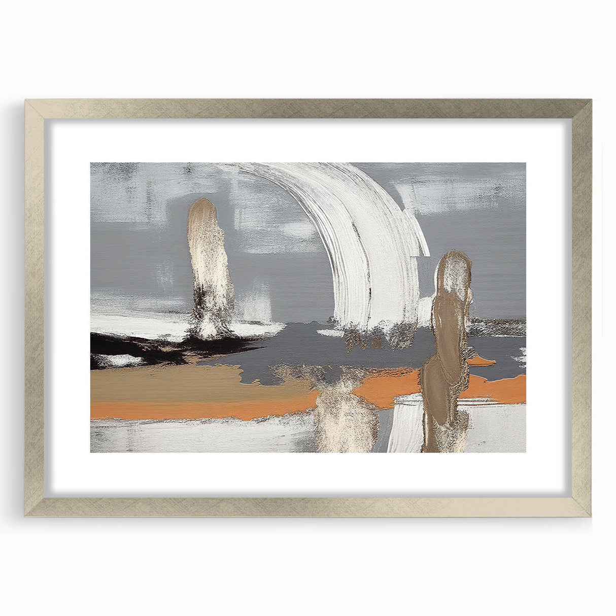 Abstract wall art featuring dynamic strokes and lines in shades of gray and gold, framed with a sleek silver mat, perfect for modern home decor.
