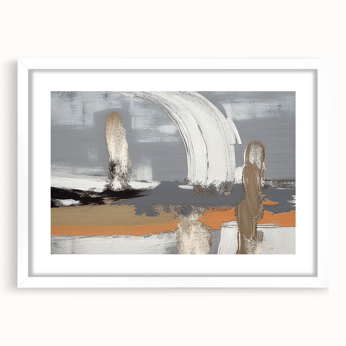 Abstract wall art featuring dynamic strokes and lines in a minimalist design, framed with a white mat, showcasing modern aesthetics for contemporary decor.