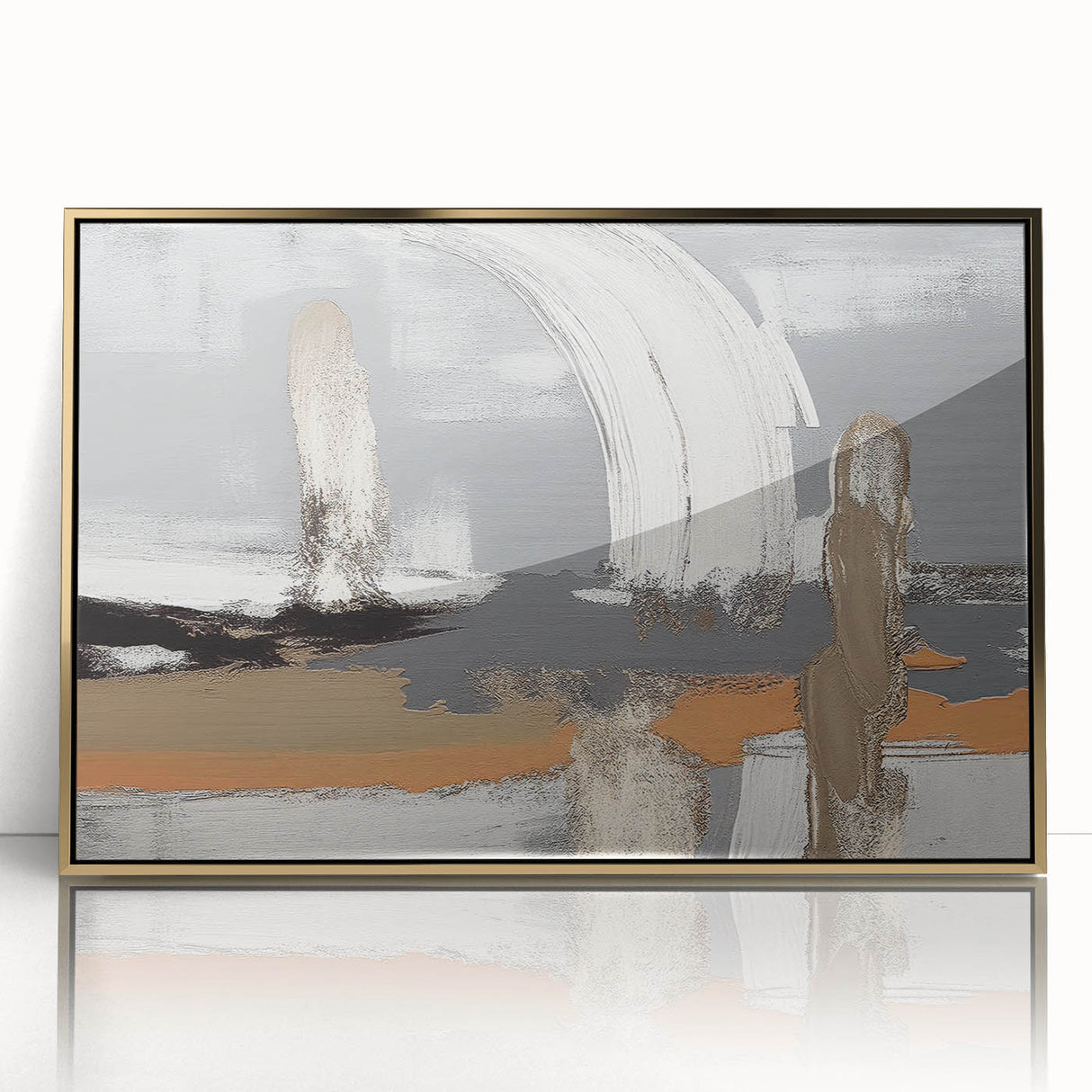 Framed abstract wall art featuring a dynamic design of colorful strokes and lines in gold and earthy tones, perfect for modern home decor or office spaces.
