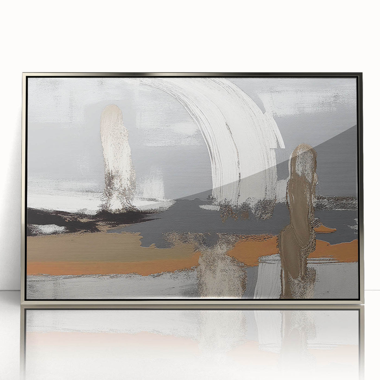 Abstract wall art design featuring dynamic strokes and lines in silver and gray hues, elegantly framed to enhance modern decor aesthetics. Ideal for contemporary interiors.
