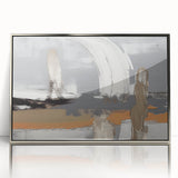 Abstract wall art design featuring dynamic strokes and lines in silver and gray hues, elegantly framed to enhance modern decor aesthetics. Ideal for contemporary interiors.