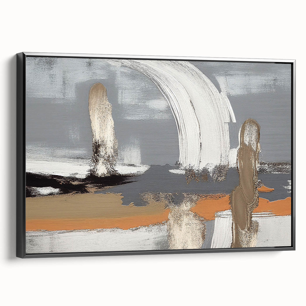 Framed canvas wall art showcasing an abstract design with vibrant strokes and lines in black and gold, highlighting its modern aesthetic from a side view.