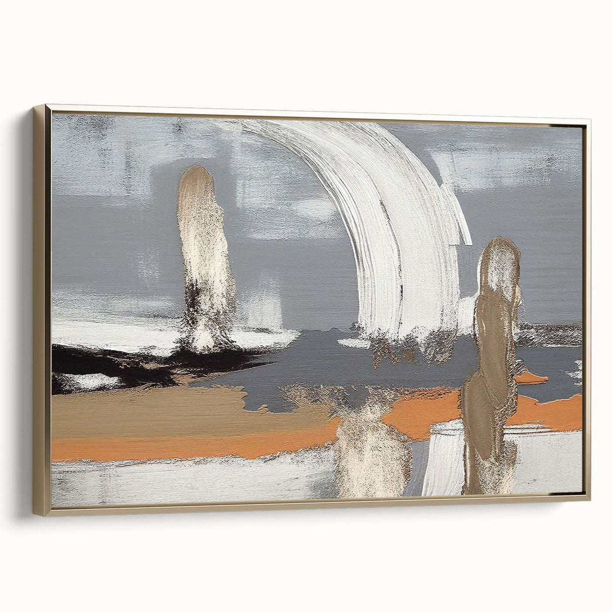 Framed canvas wall art featuring an abstract design with gold and black strokes, perfect for modern home decor. The artwork showcases a contemporary aesthetic, ideal for enhancing living spaces.