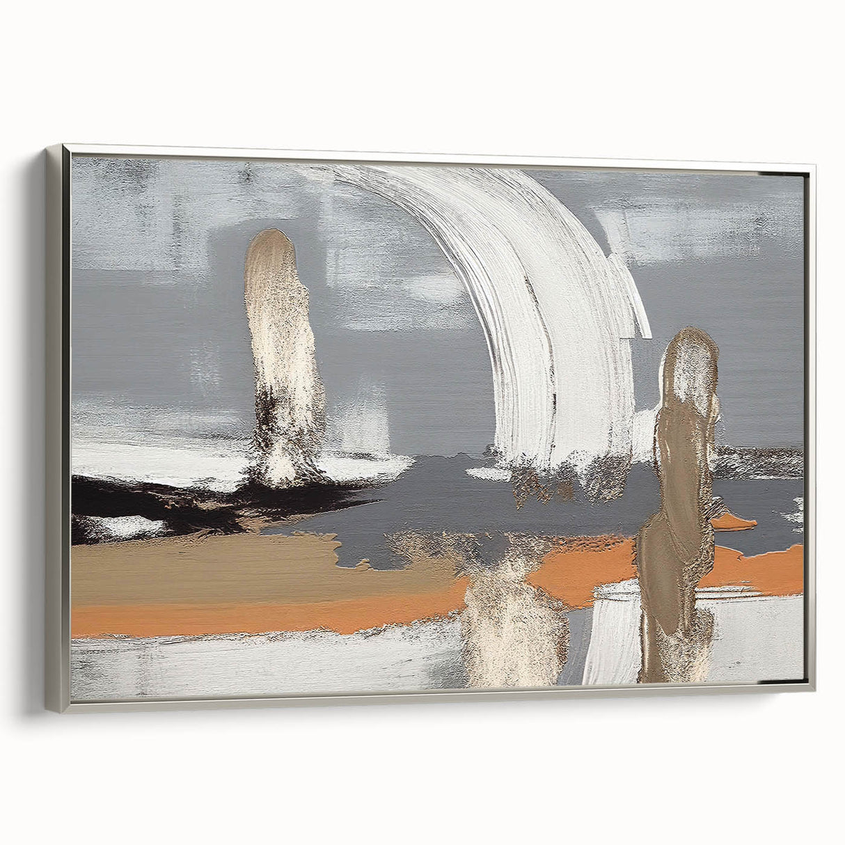 Framed canvas wall art featuring an abstract design of colorful strokes and lines, accented with a sleek silver frame, ideal for modern home decor.