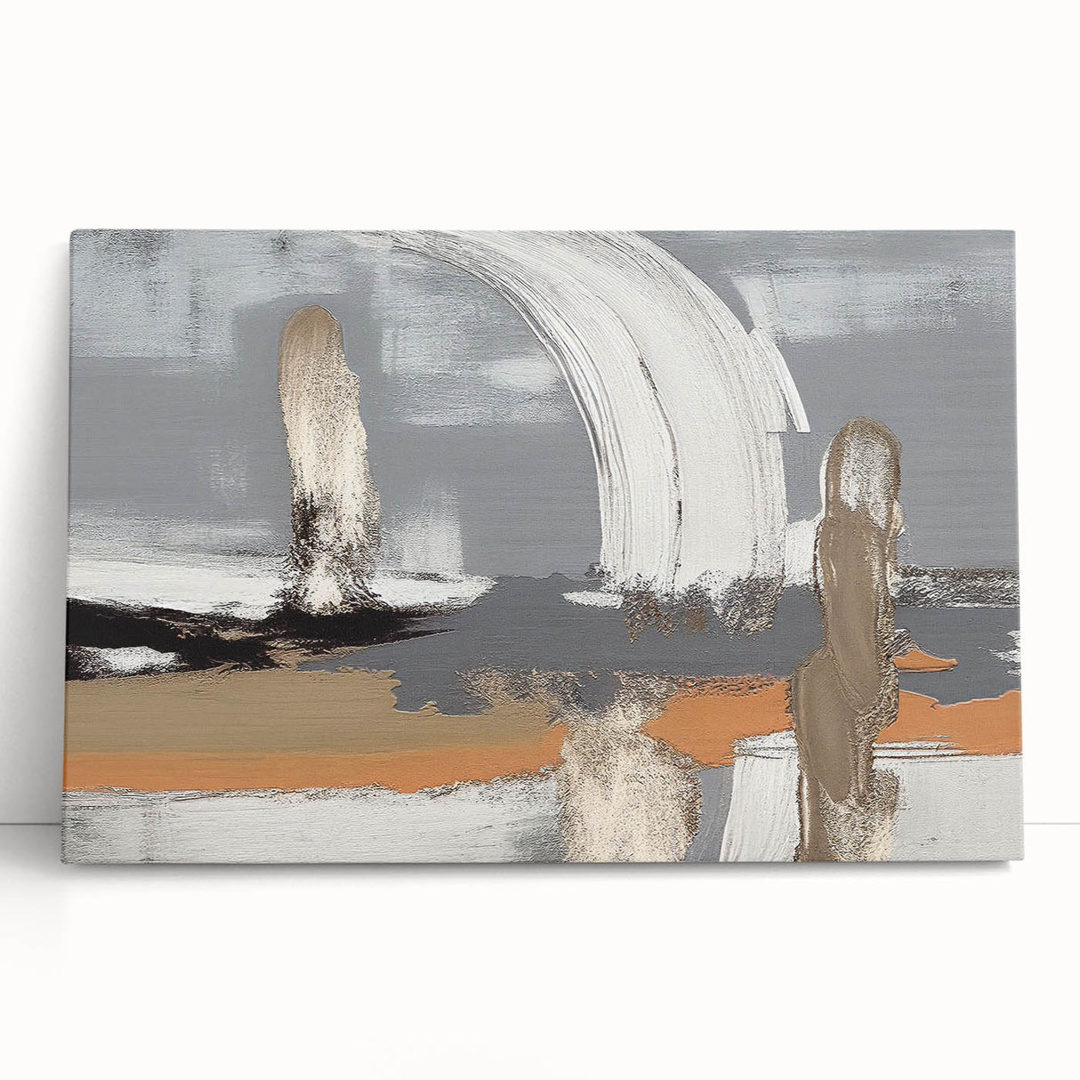Abstract wall art design showcasing vibrant strokes and lines in bold colors, printed on stretched canvas, leaning against a wall, perfect for modern decor.