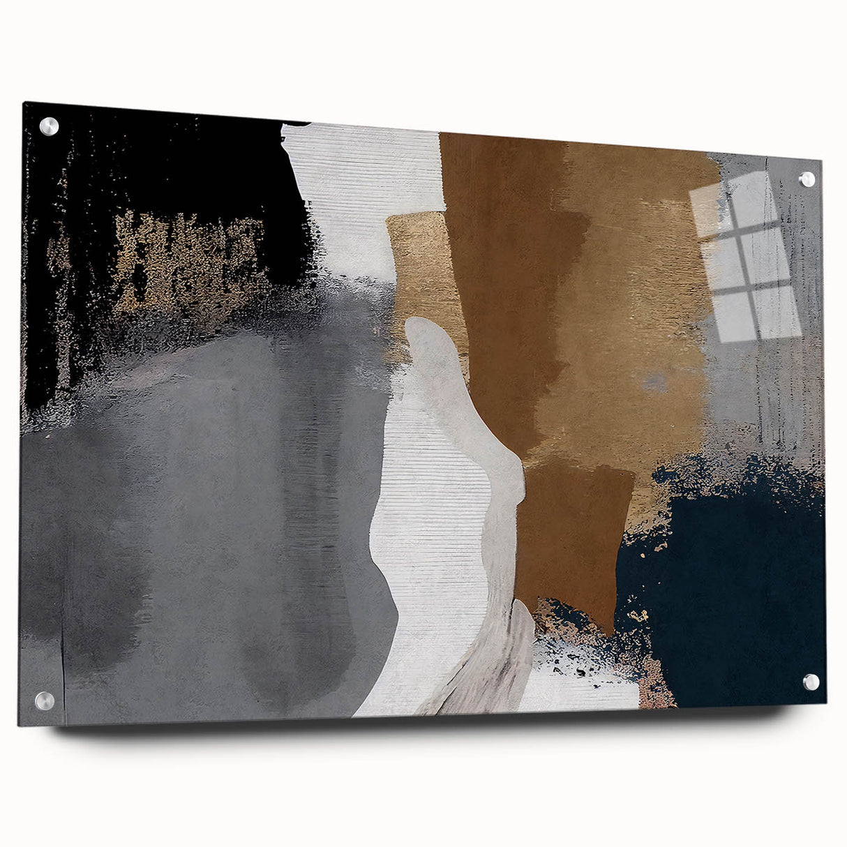 Abstract wall art featuring vibrant strokes and lines in a modern design, displayed in a side view with acrylic glass and decorative pins for mounting.