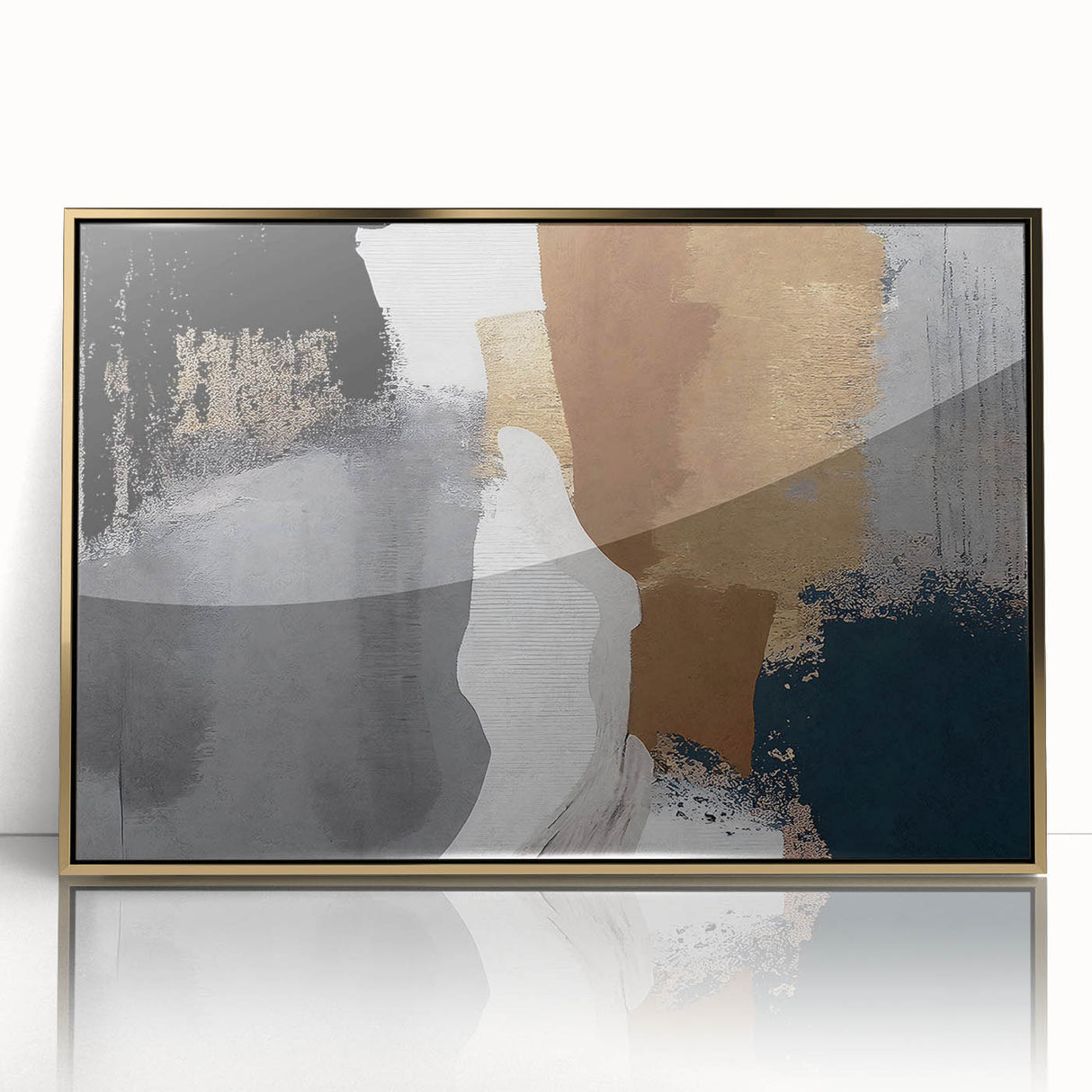 Framed abstract wall art featuring elegant strokes and lines in gold and black colors, perfect for modern home decor. Ideal for enhancing any living space with a touch of sophistication.