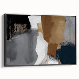 Framed canvas wall art displaying an abstract design of colorful strokes and lines, featuring a sleek black frame, ideal for modern home decor or office aesthetics.