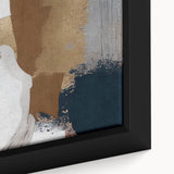 Close-up of a framed canvas artwork showcasing an abstract design with colorful strokes and lines, perfect for modern home decor and wall art collections.