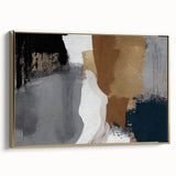 Framed canvas wall art featuring an abstract design with gold strokes and lines, showcasing a modern artistic style. Perfect for enhancing contemporary home decor.