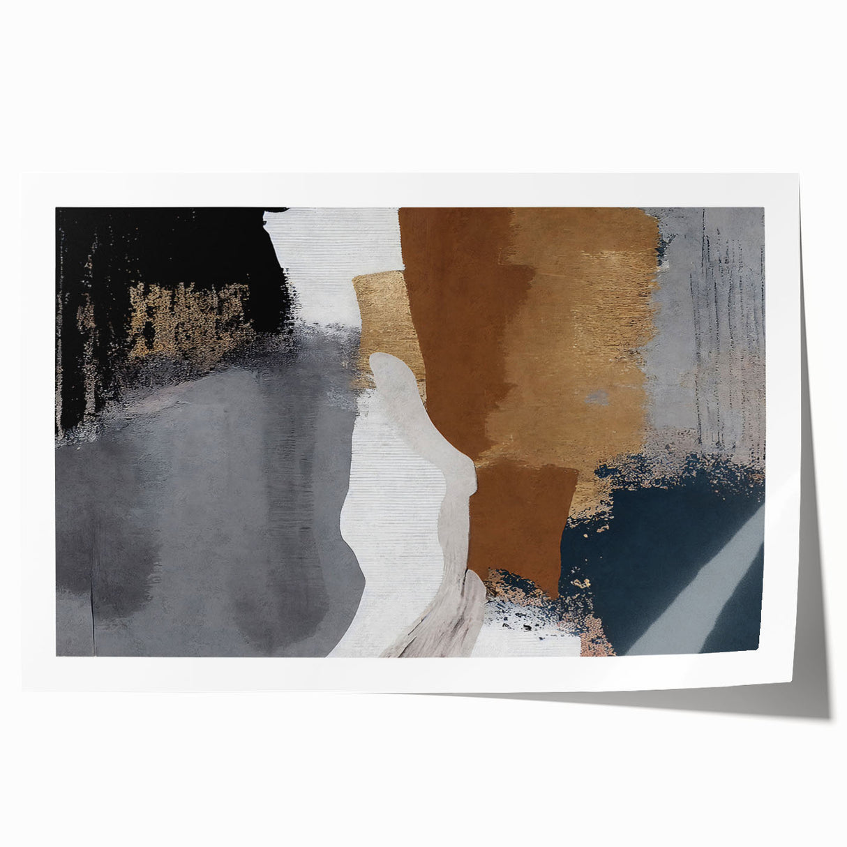 Abstract wall art print featuring vibrant strokes and lines in shades of blue, orange, and yellow, ideal for modern home decor. Perfect for adding a pop of color to any living space.
