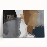 Abstract wall art featuring vibrant strokes and lines in shades of blue, gold, and beige, displayed on a stretched canvas leaning against a neutral wall. Perfect for modern decor.