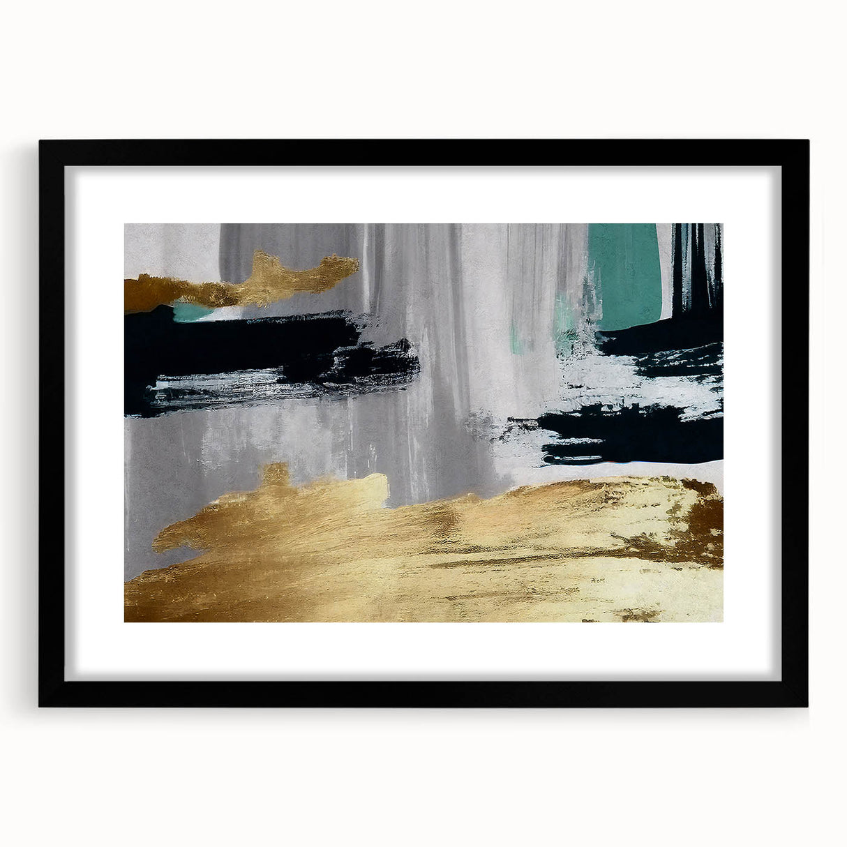 Abstract wall art featuring a dynamic composition of colorful strokes and lines, framed in black with a mat, perfect for modern home decor or office aesthetics.