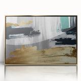 Framed wall art showcasing an abstract design with gold strokes and lines, ideal for modern decor, adding elegance to any room setting.
