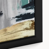 Close-up of a framed canvas wall art piece showcasing vibrant abstract strokes and lines in shades of blue and gold, ideal for modern home decor.