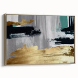 Framed wall art showcasing an abstract design of strokes and lines in gold and neutral tones, perfect for modern decor. The artwork is displayed in a side view, highlighting its elegant frame and contemporary style.
