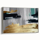 Framed wall art featuring an abstract design of strokes and lines in muted colors, elegantly displayed with a silver frame, enhancing modern decor aesthetics.