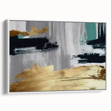 Framed canvas wall art showcasing an abstract design with colorful strokes and lines against a white background, ideal for modern home decor.