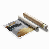 Abstract wall art print showcasing vibrant strokes and lines in shades of blue, pink, and gold, perfect for modern home decor or office spaces.