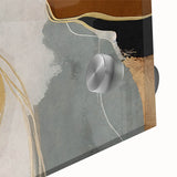 Close-up of an abstract wall art design featuring vibrant strokes and lines in shades of blue, orange, and black, showcasing a modern acrylic glass finish ideal for contemporary decor.