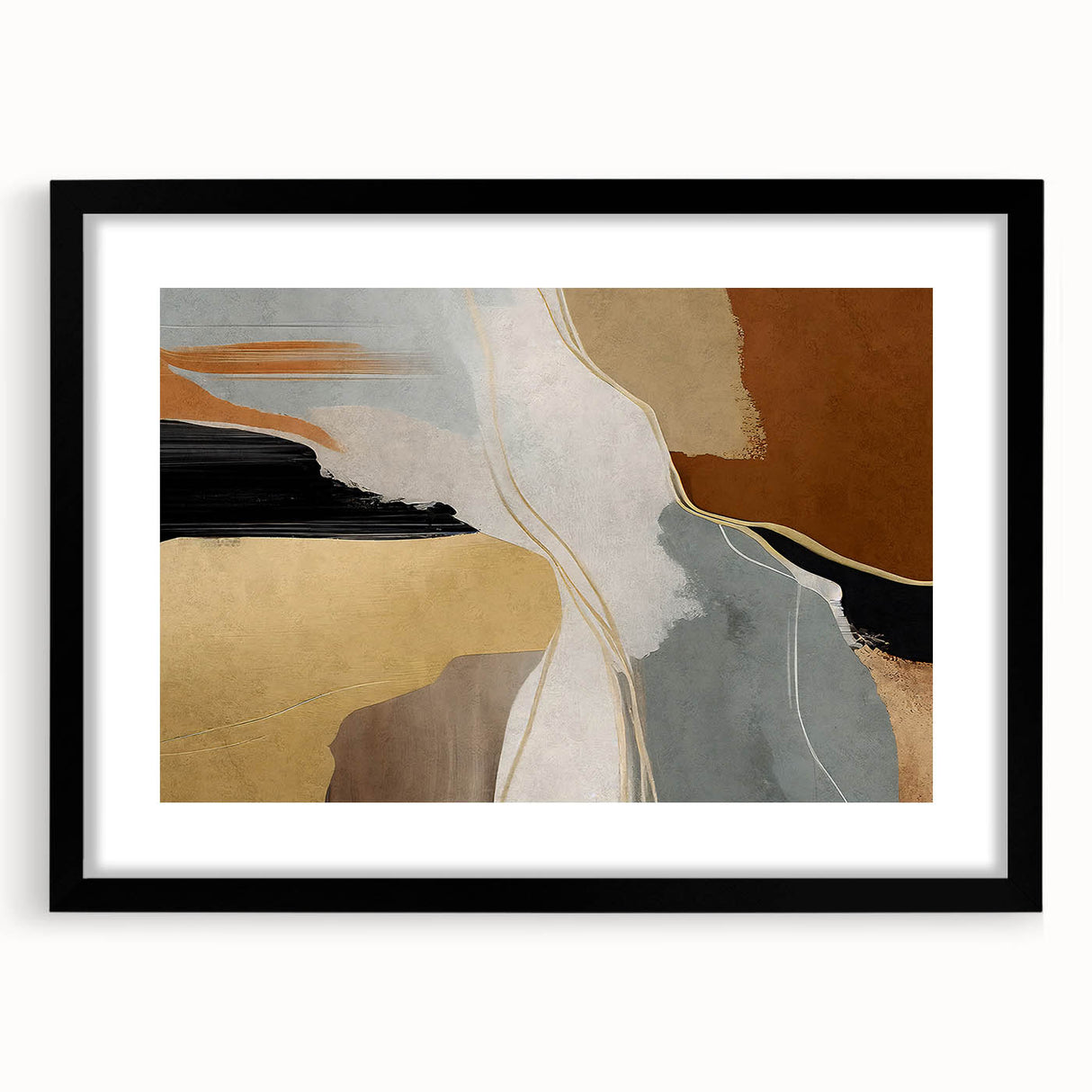 Abstract strokes and lines design wall art framed in black with a mat, showcasing modern artistic elements and intricate patterns, perfect for contemporary decor.