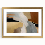 Abstract wall art featuring strokes and lines in gold and neutral tones, framed elegantly with a mat, adding a sophisticated touch to modern decor.