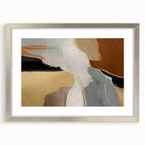 Abstract wall art featuring a composition of colorful strokes and lines, framed in a sleek silver mat, ideal for modern home decor. Perfect for enhancing contemporary spaces.