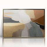 Framed acrylic wall art featuring an abstract design with strokes and lines in gold tones, showcasing modern elegance perfect for contemporary home decor.