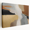 Stretched canvas artwork displaying an abstract design of colorful strokes and lines, showcasing a modern aesthetic ideal for contemporary home decor. The side view highlights the thickness and texture, emphasizing its artistic depth and vibrant palette, perfect for enhancing any living space.