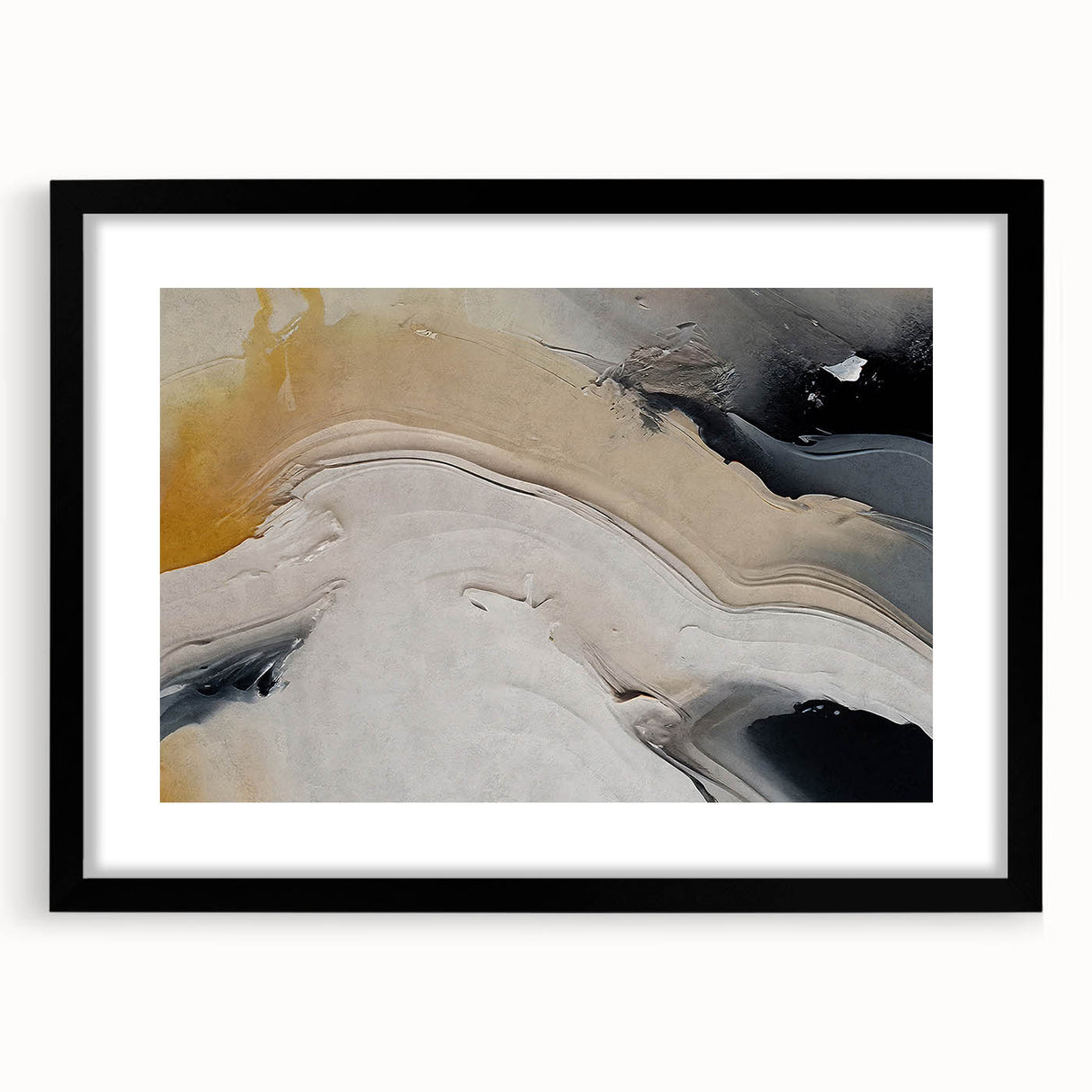 Abstract strokes and lines wall art design in a black frame with matting, showcasing modern aesthetics perfect for contemporary home decor. The artwork features a dynamic interplay of colors, adding a stylish touch to any living space.