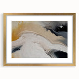 Abstract wall art featuring a sophisticated design of flowing strokes and lines in neutral tones, framed with a gold mat, perfect for modern decor.