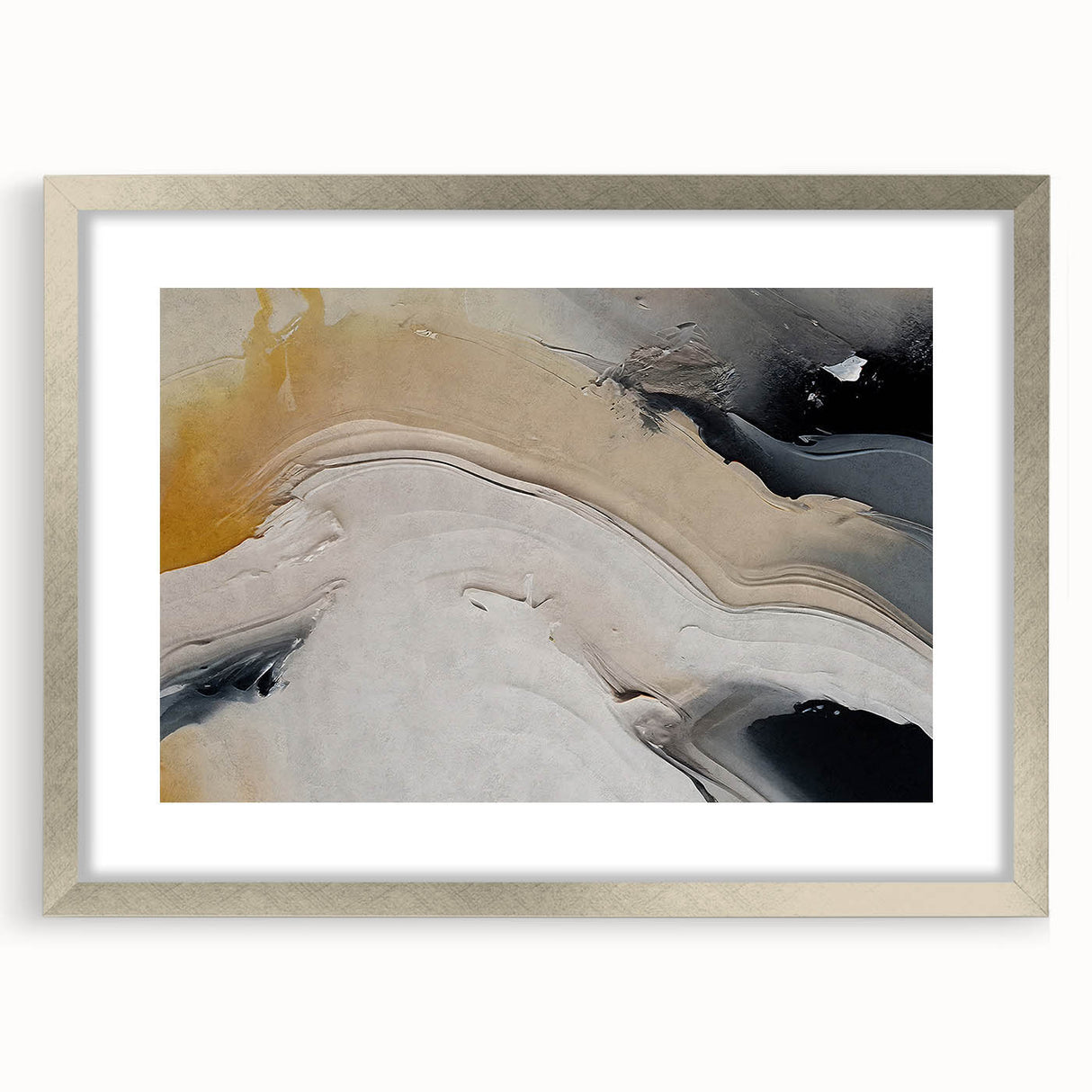Abstract wall art featuring a modern design of colorful strokes and lines, elegantly framed with a silver mat, perfect for contemporary home decor.