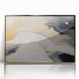 Framed acrylic wall art featuring an abstract design of strokes and lines in gold and black, ideal for modern home decor. This piece adds elegance to any room.