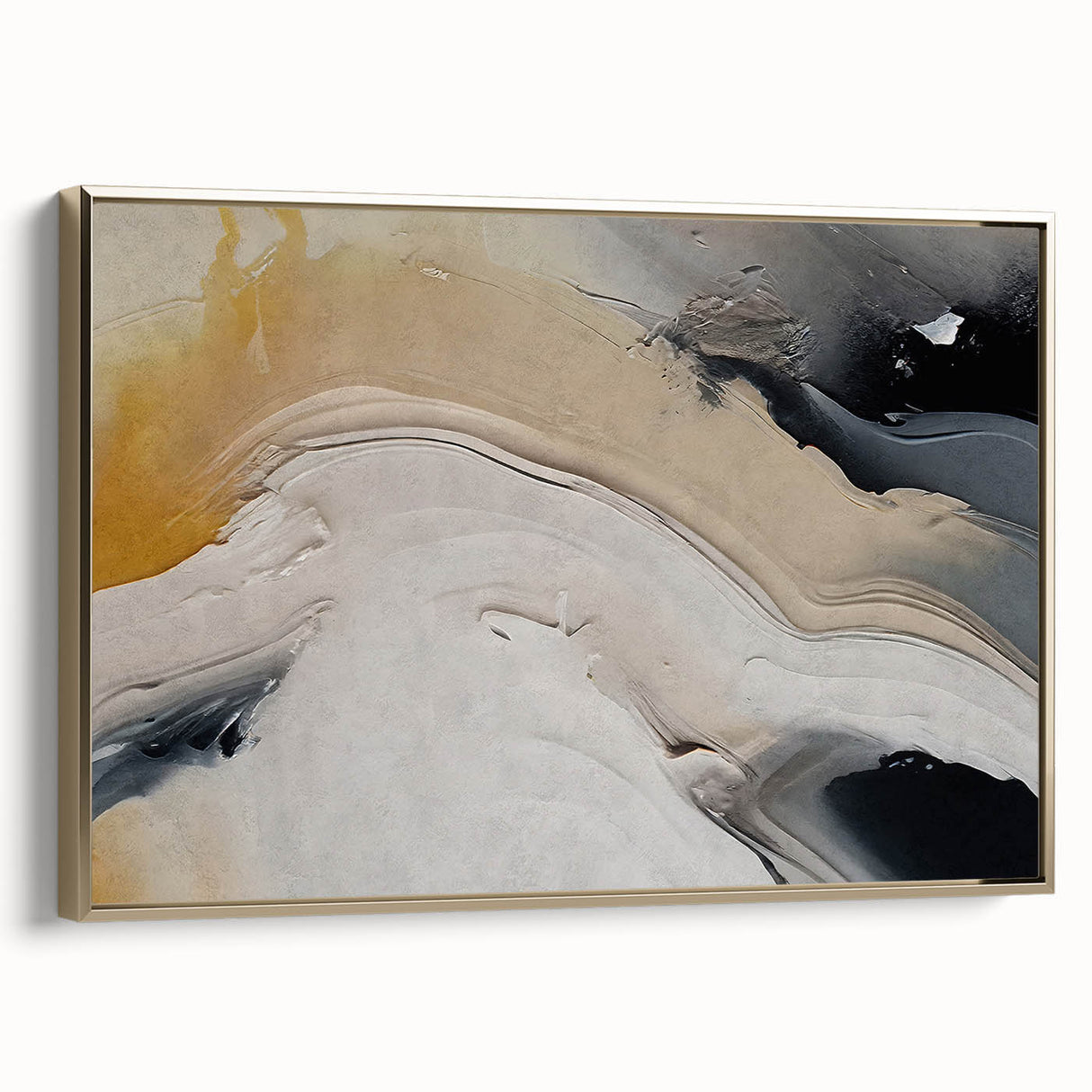 Abstract wall art featuring bold strokes and lines in gold, framed with a modern design, showcasing a stylish side view that enhances any room décor.