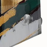 Abstract wall art design featuring vibrant strokes and lines in shades of blue, orange, and gold, printed on acrylic glass, showcasing a modern aesthetic perfect for contemporary decor.