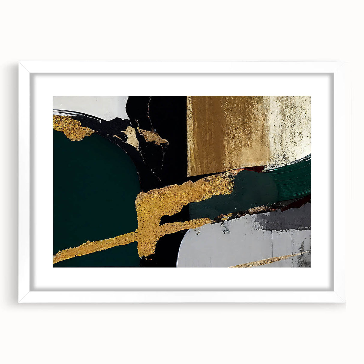 Abstract wall art featuring dynamic strokes and lines in shades of blue, gray, and white, elegantly framed with a white mat for a modern aesthetic.