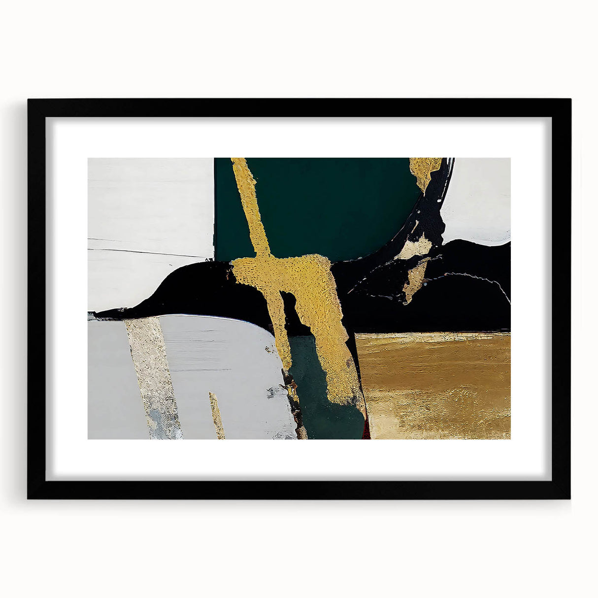 Abstract wall art featuring dynamic strokes and lines in a modern design, framed with a black mat, perfect for contemporary home decor. This artwork adds a striking visual element to any space.