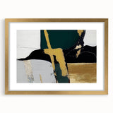 Abstract wall art featuring a collection of gold, blue, and white strokes and lines, elegantly framed with a mat. Perfect for modern home decor, enhancing contemporary aesthetics.